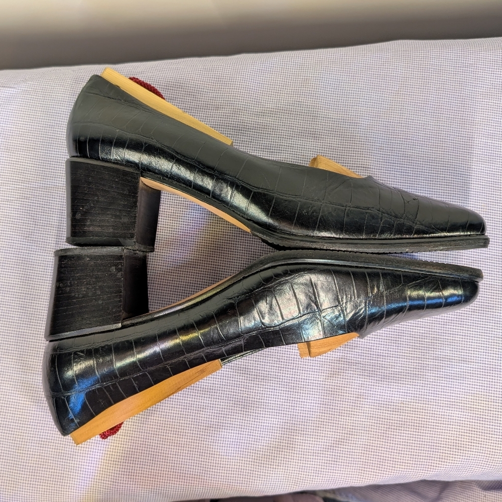Y2K Amalfi Black Croc-Embossed Leather Pumps | Made in Italy Square Toe Heels - Picture 5 of 12